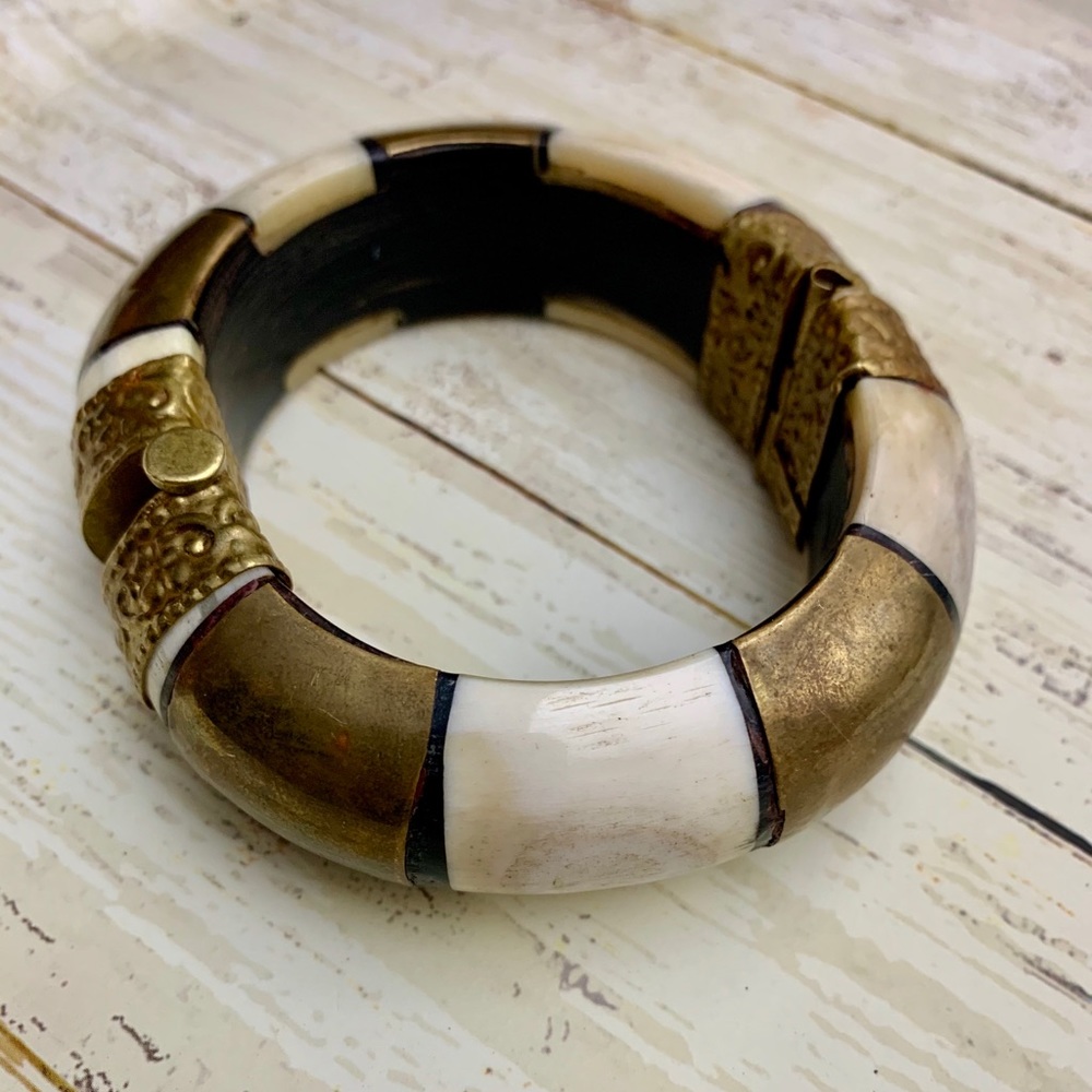 Tribal Native Brass Bone Onyx Hinge Bracelet